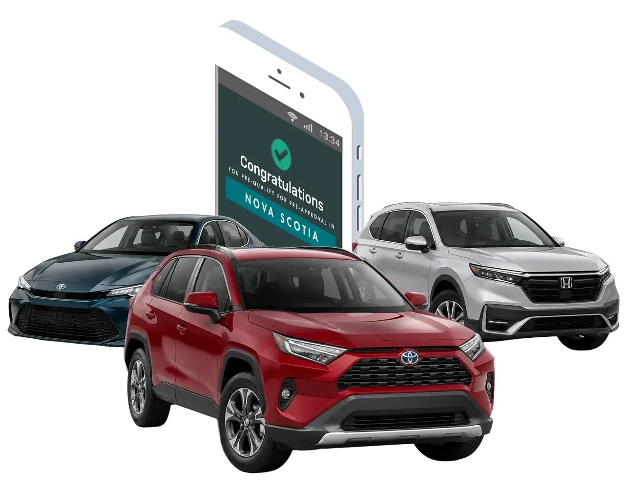 A red SUV, a dark sedan and a silver crossover in front of a phone showing a pre-approval message