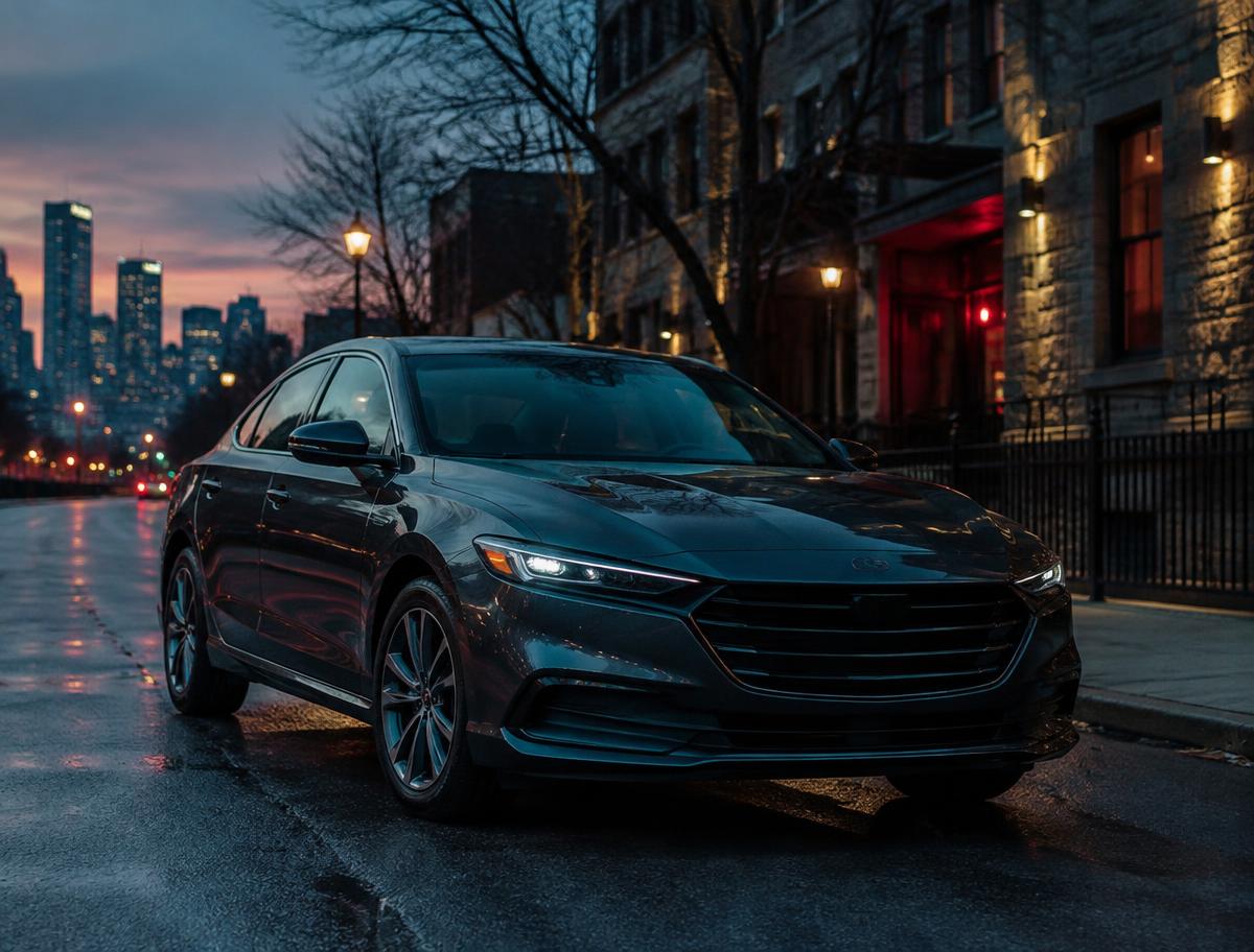 Dark grey sedan parked on a Canadian city street at dusk
