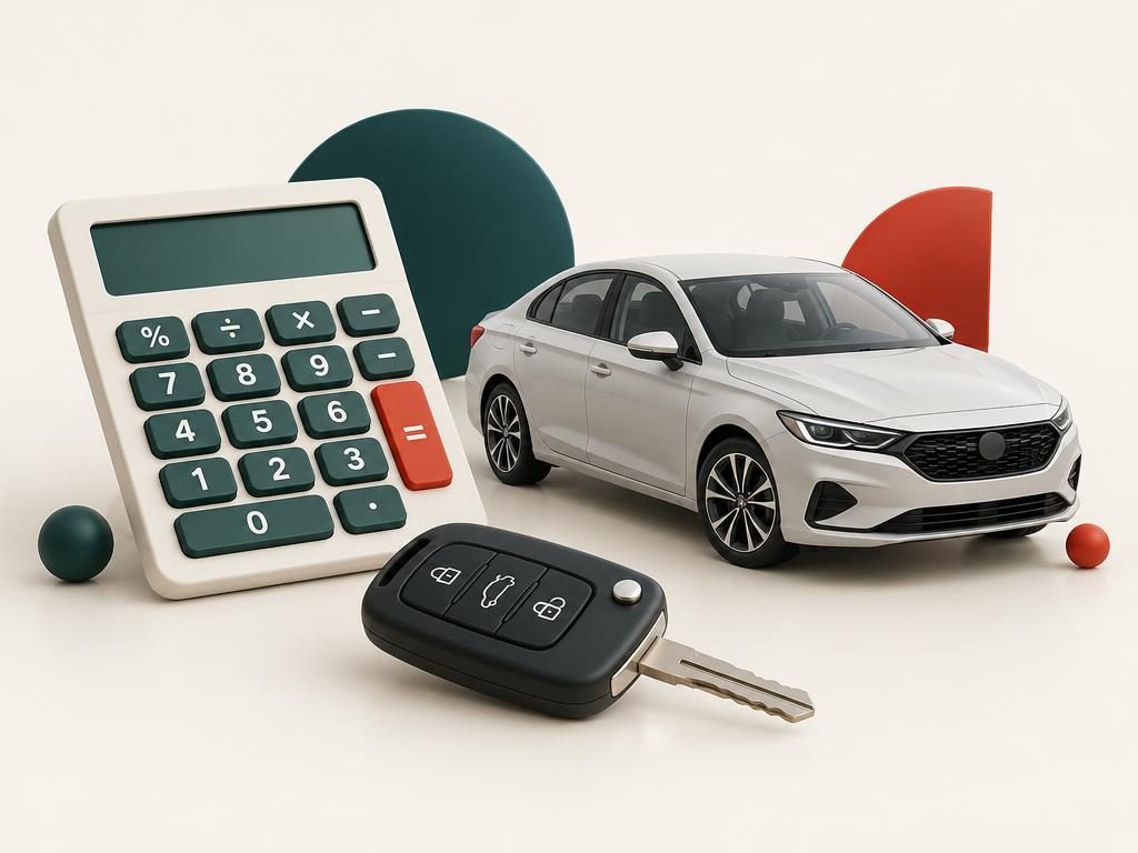 Calculator, car key fob and a sedan representing car loan payment planning