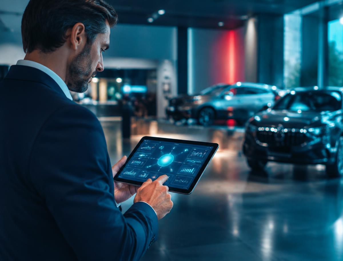 Dealership manager using an AI sales assistant on a tablet in a showroom