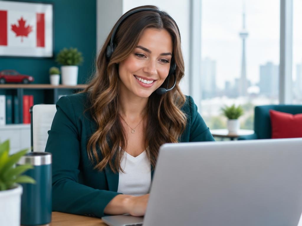 Smiling Canada Auto Experts advisor with a headset helping a customer online