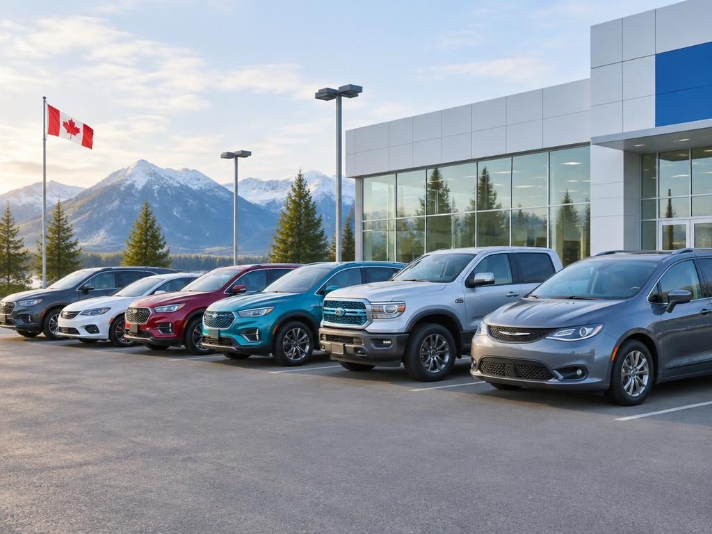 Row of SUVs, sedans, a pickup truck and a minivan at a Canadian dealership