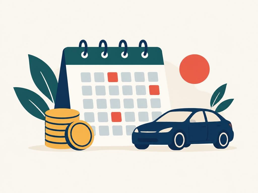 Payment calendar, coins and a car illustrating monthly, bi-weekly and weekly car payments
