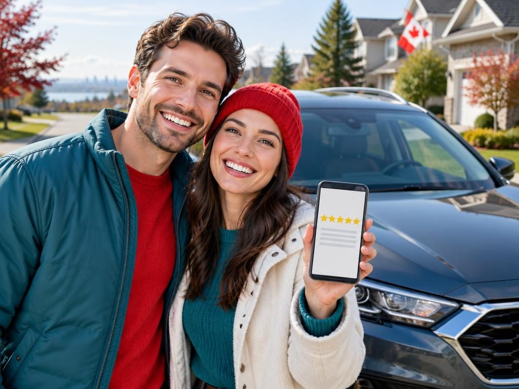 Smiling couple beside their new car showing a five-star review on a phone